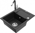 Granitinė virtuvinė plautuvė Mexen Enzo su mai&scaron;ytuvu ir sifonu, Metallic black/silver+Black/Chrome