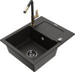 Granitinė virtuvinė plautuvė Mexen Enzo su mai&scaron;ytuvu ir sifonu, Metallic black/gold+Black/Gold