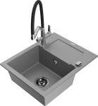 Granitinė virtuvinė plautuvė Mexen Enzo su mai&scaron;ytuvu ir sifonu, Grey+Black/Chrome