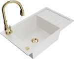 Granitinė virtuvinė plautuvė Mexen Elias su mai&scaron;ytuvu ir sifonu, White+Gold