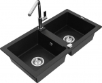 Granitinė virtuvinė plautuvė Mexen Mario su mai&scaron;ytuvu ir sifonu, Black+Chrome