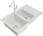 Granitinė virtuvinė plautuvė Mexen Gaspar su mai&scaron;ytuvu ir sifonu, White+White/Chrome