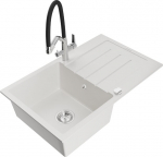 Granitinė virtuvinė plautuvė Mexen Bruno su mai&scaron;ytuvu ir sifonu, White+Black/Chrome