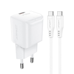 Mini tinklo įkroviklis PD 20W GaN su USB-C kabeliu, baltas