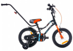 Berniuko 14 colių "Tiger Bike" dviratis su stūmikliu juodos, oranžinės ir turkio spalvos