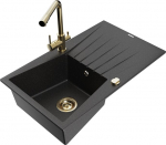 Granitinė virtuvinė plautuvė Mexen Cesar su mai&scaron;ytuvu ir sifonu, Metallic black/silver/gold