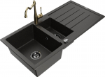 Granitinė virtuvinė plautuvė Mexen Andres su mai&scaron;ytuvu ir sifonu, Metallic black/gold