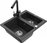 Granitinė virtuvinė plautuvė Mexen Carlos su mai&scaron;ytuvu ir sifonu, Black granite+Black