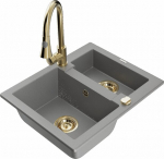 Granitinė virtuvinė plautuvė Mexen Carlos su mai&scaron;ytuvu ir sifonu, Grey/Gold