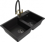 Granitinė virtuvinė plautuvė Mexen Tomas su mai&scaron;ytuvu ir sifonu, Black/Black/Gold