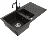 Granitinė virtuvinė plautuvė Mexen Matias su mai&scaron;ytuvu ir sifonu, Metallic black/gold/black