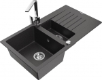 Granitinė virtuvinė plautuvė Mexen Matias su mai&scaron;ytuvu ir sifonu, Black granite/Chrome