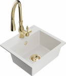 Granitinė virtuvinė plautuvė Mexen Milo su mai&scaron;ytuvu ir sifonu, White/Gold