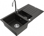 Granitinė virtuvinė plautuvė Mexen Matias su mai&scaron;ytuvu ir sifonu, Metallic black/Gold/Chrome