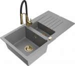 Granitinė virtuvinė plautuvė Mexen Matias su mai&scaron;ytuvu ir sifonu, Grey/Black/Gold