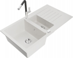 Granitinė virtuvinė plautuvė Mexen Matias su mai&scaron;ytuvu ir sifonu, White/Black/Chrome
