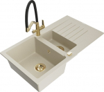 Granitinė virtuvinė plautuvė Mexen Matias su mai&scaron;ytuvu ir sifonu, Beige/Black/Gold