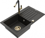 Granitinė virtuvinė plautuvė Mexen Pablo su mai&scaron;ytuvu ir sifonu, Metallic black/Gold/Black/Gold