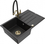 Granitinė virtuvinė plautuvė Mexen Bruno su mai&scaron;ytuvu ir sifonu, Metallic black/silver/black/gold