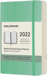 Moleskine mėnesinis kalendorius 2022, 12 mėnesių mėnesinis užra&scaron;ų kalendorius, užra&scaron;ų knygelė mink&scaron;tu vir&scaron;eliu, pocket formatas 9 x 14 cm, spalva ice green, 128 puslapiai