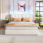 Lova 140 &times; 200 cm, su LED ap&scaron;vietimu ir atlo&scaron;u, hidraulinė lova su daiktadėže, balta, flanelinis audinys