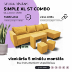 Didelis kampinis sofos komplektas su staliuku ir pufais Simple XL St Combo Geltono