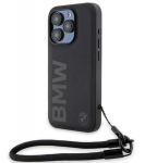 BMW Signature Leather Wordmark Cord dėklas iPhone 15 Pro Max - juodas