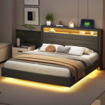 Lova 160x200 cm, su USB jungtimi ir LED ap&scaron;vietimu, atlenkiamas galvūgalis, paslėptas kojūgalis, dvigulė lova, pilka