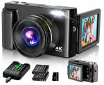 4K 48MP fotoaparatas su atlenkiamu ekranu, 16X, juodas