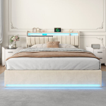 Aksominė lova su LED ap&scaron;vietimu, daiktadėže ir USB įkrovimu, mink&scaron;ta lova su pakeliamu pagrindu, smėlio spalvos, 140&times;200 cm