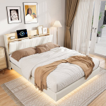 Lova 140x200cm su LED ir USB jungtimis，Galvūgalis su daiktadėže，PU，Balta