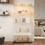 LED stiklinė vitrina, i&scaron;&scaron;okanti lempa, moderni daiktadėžė su 4 lentynomis, 2 durelėmis kolekcinėms figūrėlėms, žaislams, vynui, 163x78x35cm, juoda