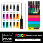 UNI POSCA žymeklių rinkinys akriliniai rotuliukai PC-1M,3M,5M,8K,17K spalvos - PC-3M 15 spalvų