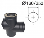Juodas izoliuotas 90&deg; tri&scaron;akis su adapteriu ir revizija prie&scaron;prie&scaron;iais kaminui. D-160/250 mm.