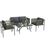 4 dalių sodo baldų komplektas, 1 sofa, 2 foteliai, 1 stalas su stikliniu stalvir&scaron;iu, pagalvėlės, plieninis rėmas, dirbtinis rotangas, pilkos spalvos, Pilka