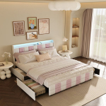 Lova 160 &times; 200 cm, su LED lemputėmis ir USB prievadais, dvigulė lova su keturiais stalčiais, rožinė, aksominė