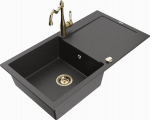 Granitinė virtuvinė plautuvė Mexen Leo su mai&scaron;ytuvu ir sifonu, Black granite+Gold