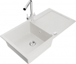 Granitinė virtuvinė plautuvė Mexen Leo su mai&scaron;ytuvu ir sifonu, White+Chrome