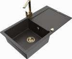 Granitinė virtuvinė plautuvė Mexen Leo su mai&scaron;ytuvu ir sifonu, Black granite+Gold