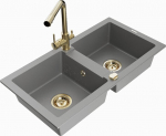 Granitinė virtuvinė plautuvė Mexen Mario su mai&scaron;ytuvu ir sifonu, Grey+Gold