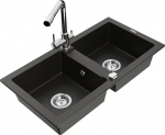 Granitinė virtuvinė plautuvė Mexen Mario su mai&scaron;ytuvu ir sifonu, Metallic black/gold+Chrome