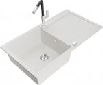 Granitinė virtuvinė plautuvė Mexen Leo su mai&scaron;ytuvu ir sifonu, White+Black/Chrome