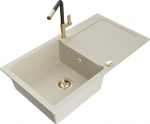 Granitinė virtuvinė plautuvė Mexen Leo su mai&scaron;ytuvu ir sifonu, Beige+Black/Gold