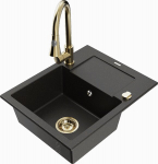Granitinė virtuvinė plautuvė Mexen Enzo su mai&scaron;ytuvu ir sifonu, Metallic black/gold+Gold