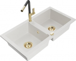 Granitinė virtuvinė plautuvė Mexen Mario su mai&scaron;ytuvu ir sifonu, White+Black/Gold