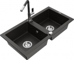 Granitinė virtuvinė plautuvė Mexen Mario su mai&scaron;ytuvu ir sifonu, Metallic black/gold+Black/Chrome