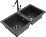 Granitinė virtuvinė plautuvė Mexen Mario su mai&scaron;ytuvu ir sifonu, Black granite+Black/Chrome