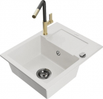 Granitinė virtuvinė plautuvė Mexen Enzo su mai&scaron;ytuvu ir sifonu, White+Black/Gold
