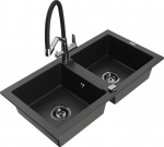 Granitinė virtuvinė plautuvė Mexen Mario su mai&scaron;ytuvu ir sifonu, Metallic black/silver+Black/Chrome