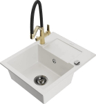 Granitinė virtuvinė plautuvė Mexen Enzo su mai&scaron;ytuvu ir sifonu, White+Black/Gold